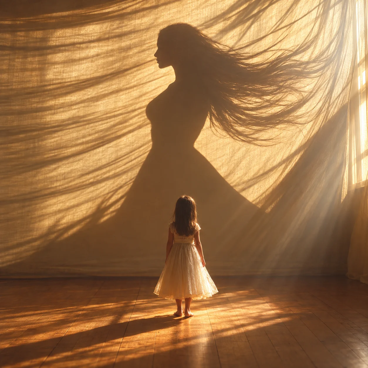 Quiet Reveal cover artwork: a little girl in a white dress faces a large golden silhouette of a woman with long, flowing hair on a sunlit wall